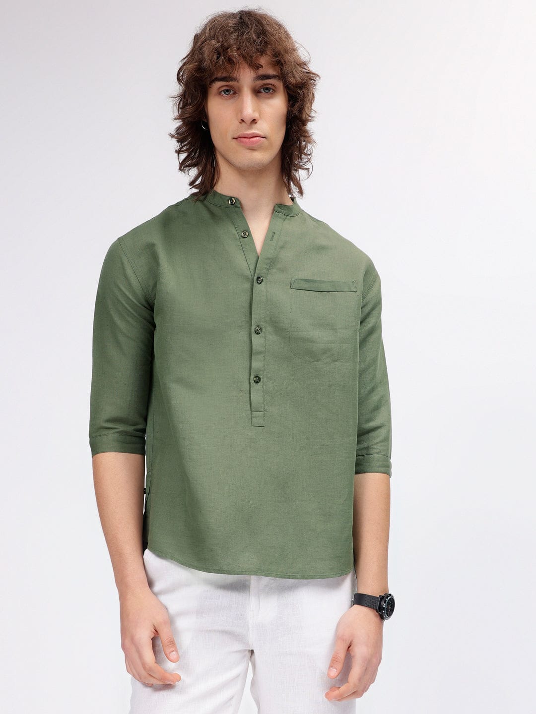 Iconic Men Green Mandarin Collar Shirt