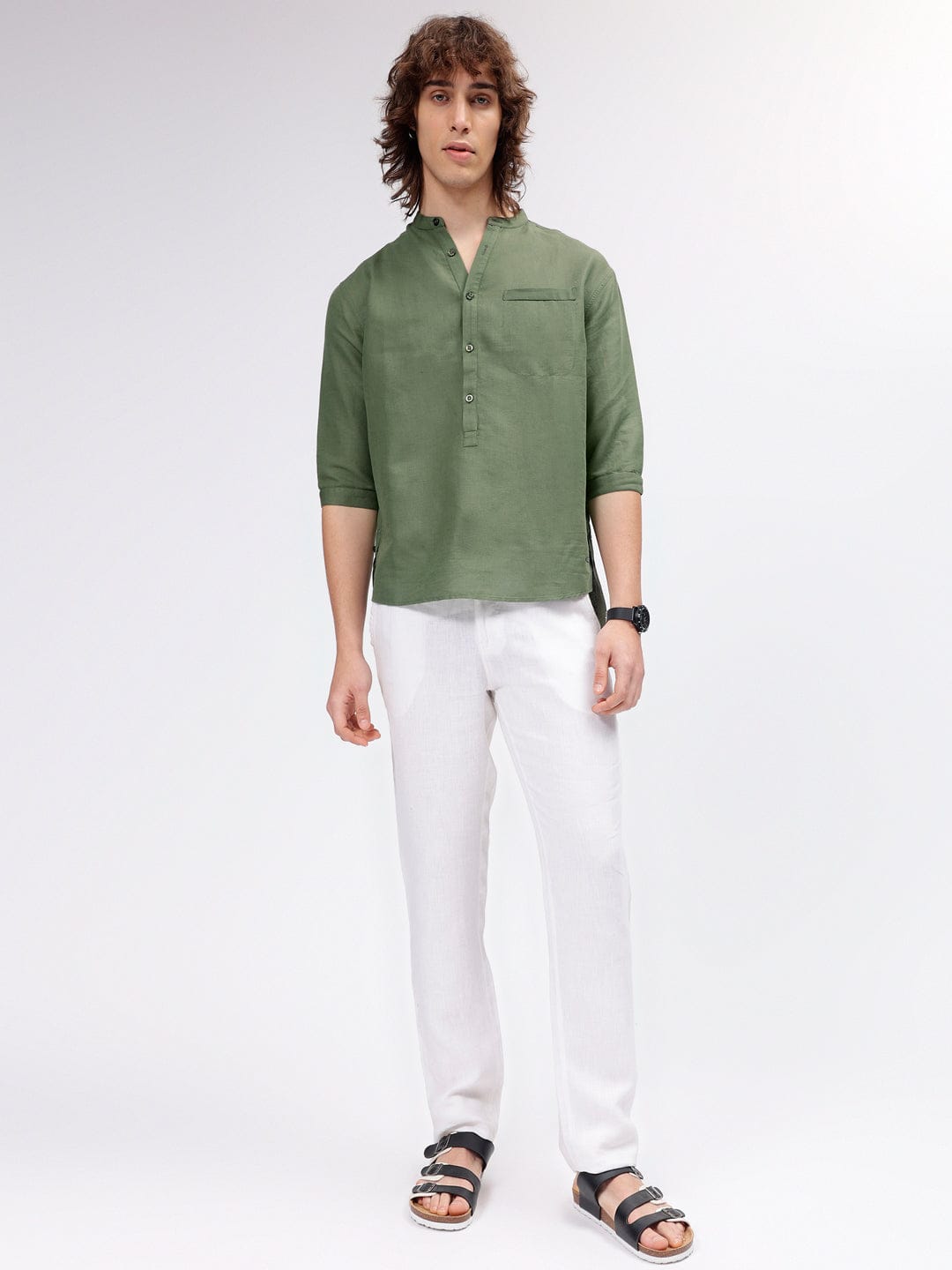 Iconic Men Green Mandarin Collar Shirt