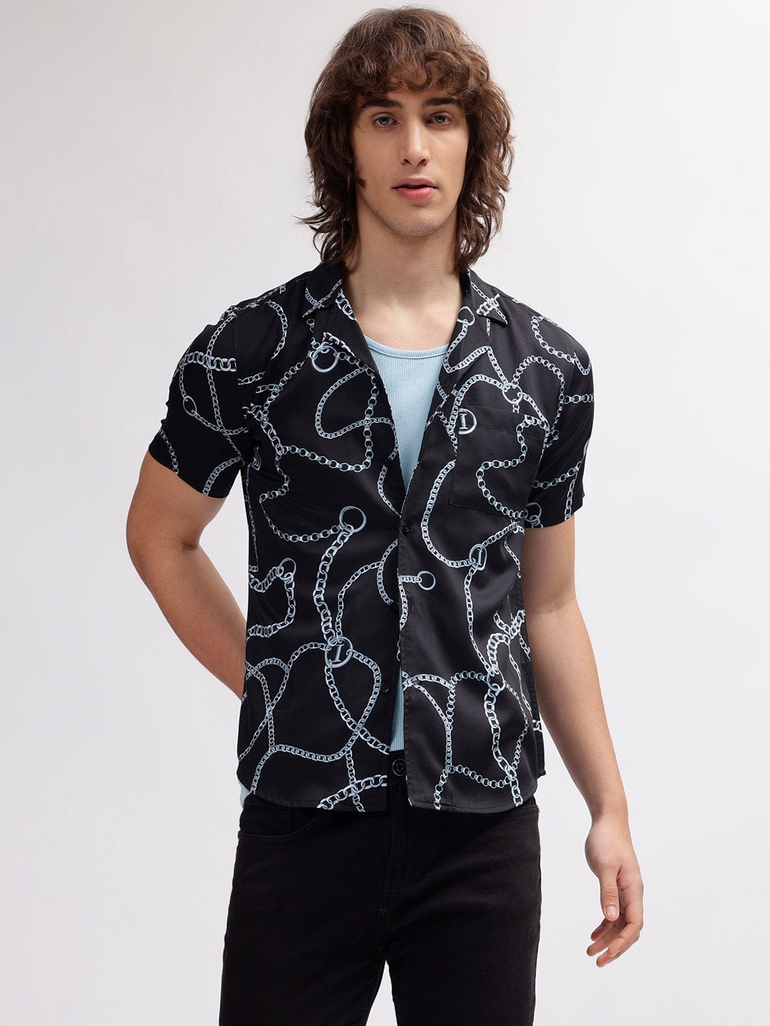 Iconic Men Black Resort Collar Shirt