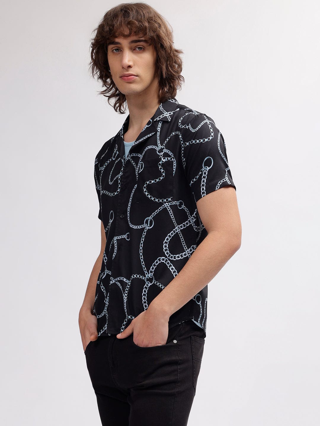 Iconic Men Black Resort Collar Shirt