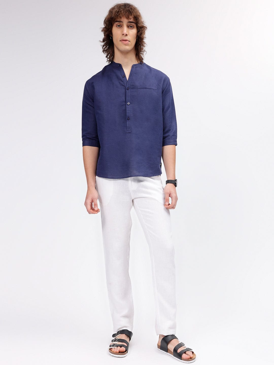 Iconic Men Blue Mandarin Collar Shirt