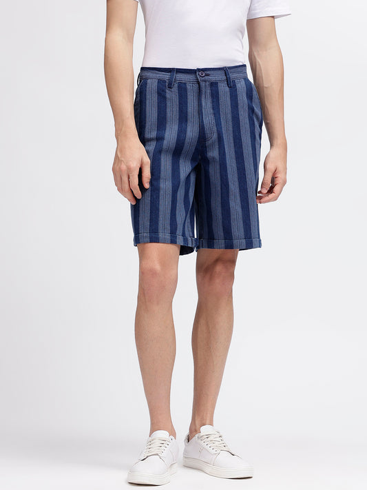 Iconic Men Navy Blue Striped Regular Fit Shorts