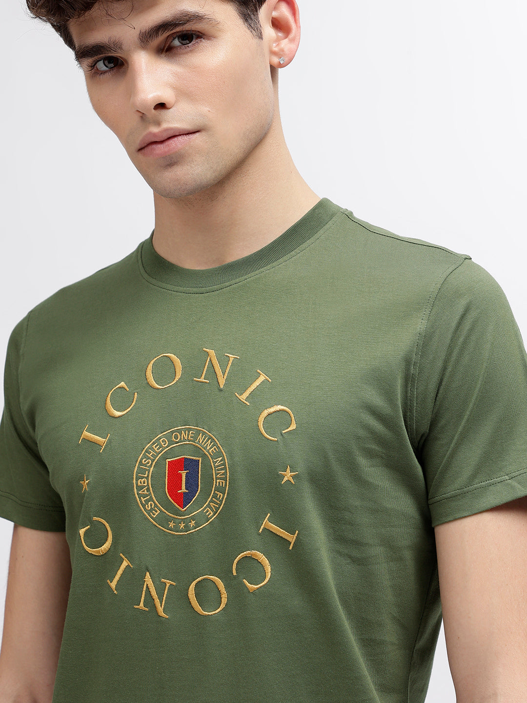 Iconic Men Olive Embroidered Round Neck Short Sleeves T-Shirt