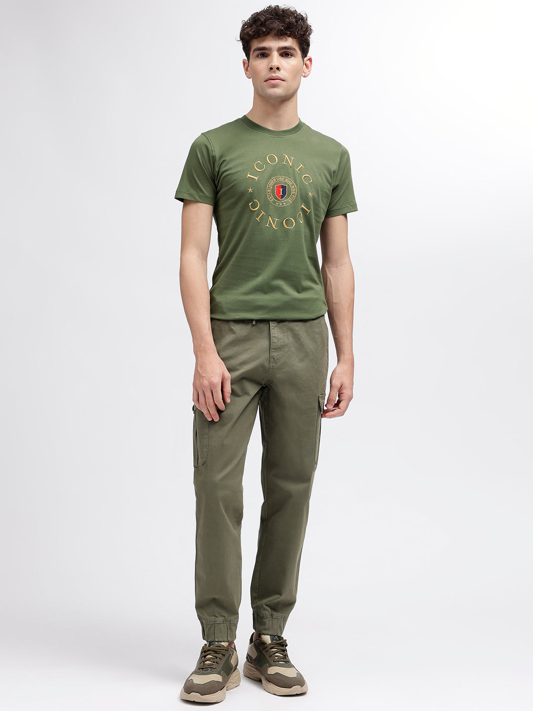 Iconic Men Olive Embroidered Round Neck Short Sleeves T-Shirt