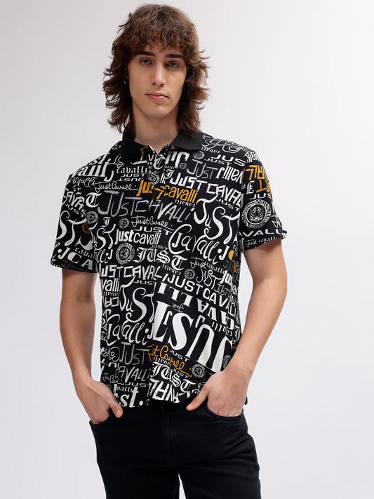 Just Cavalli Men Black Printed Polo Collar Short Sleeves T-shirt