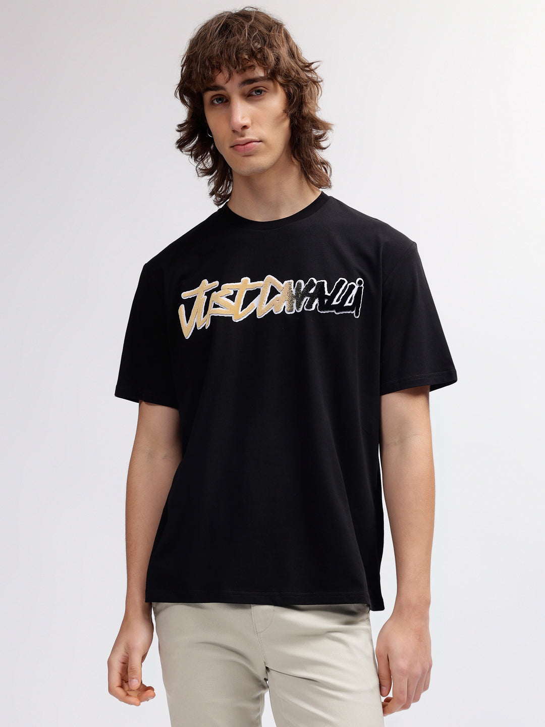 Just Cavalli Men Black Printed Round Neck Short Sleeves T-shirt