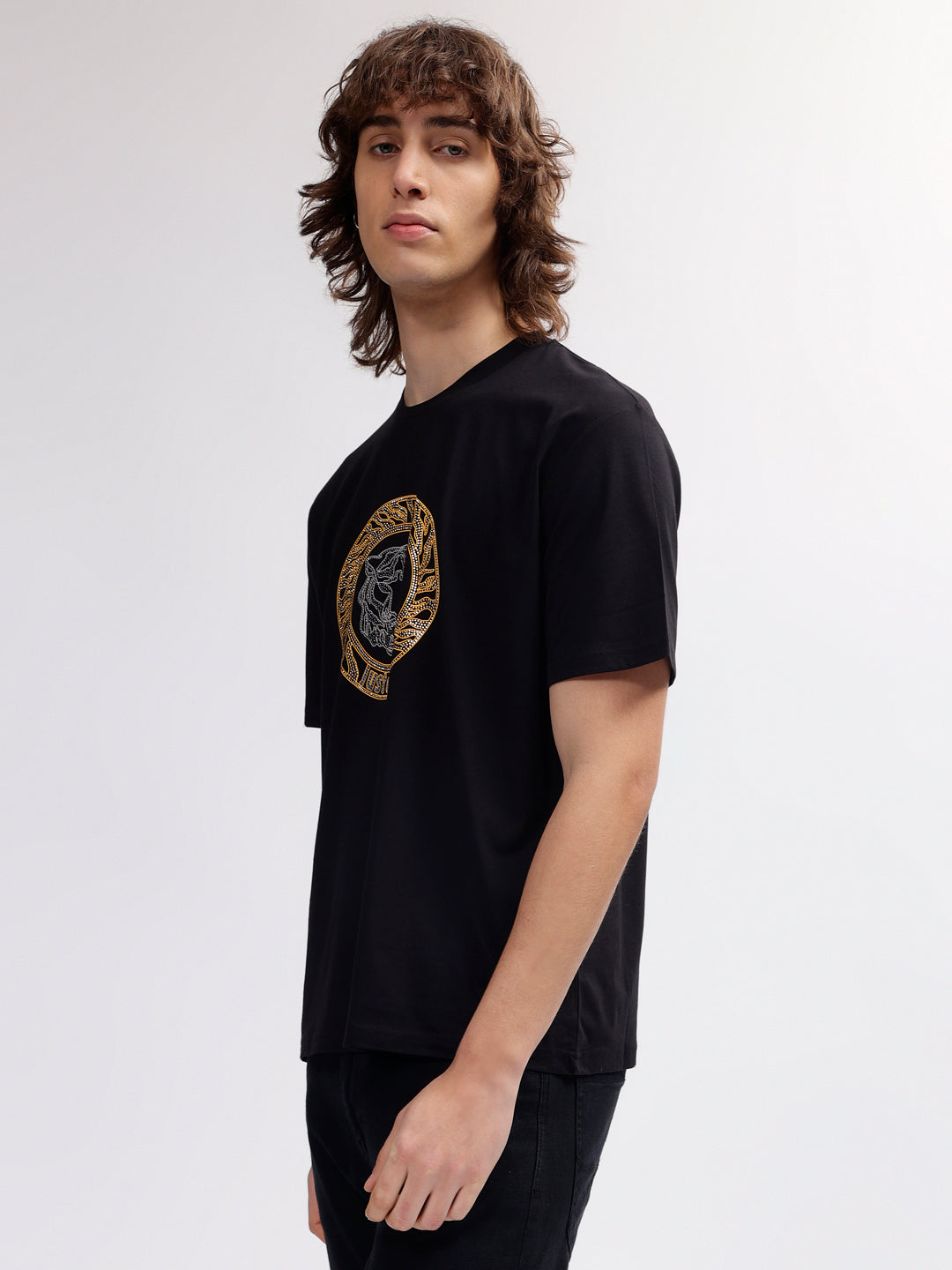 Just Cavalli Men Black Printed Round Neck Short Sleeves T-shirt