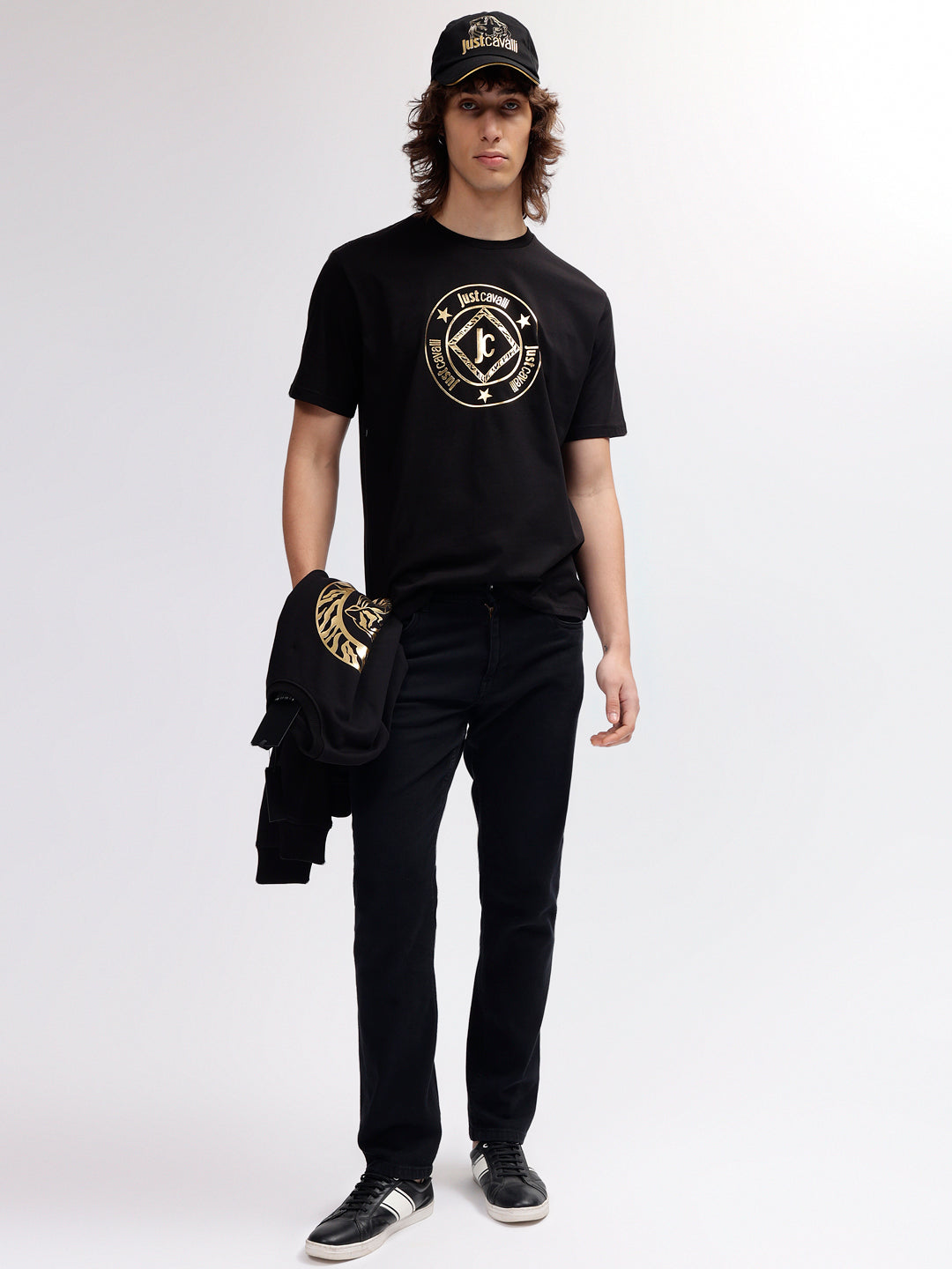 Just Cavalli Men Black Printed Round Neck Short Sleeves T-shirt