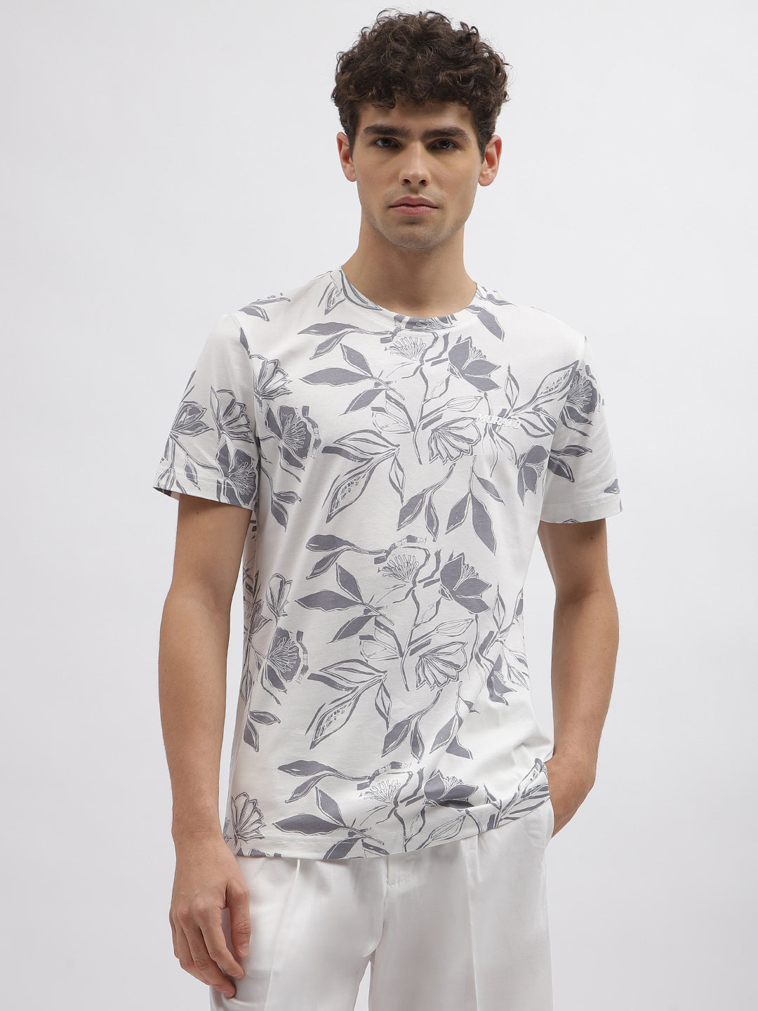 Shop Antony Morato Men Grey Printed Round Neck Short Sleeves T-Shirt Online