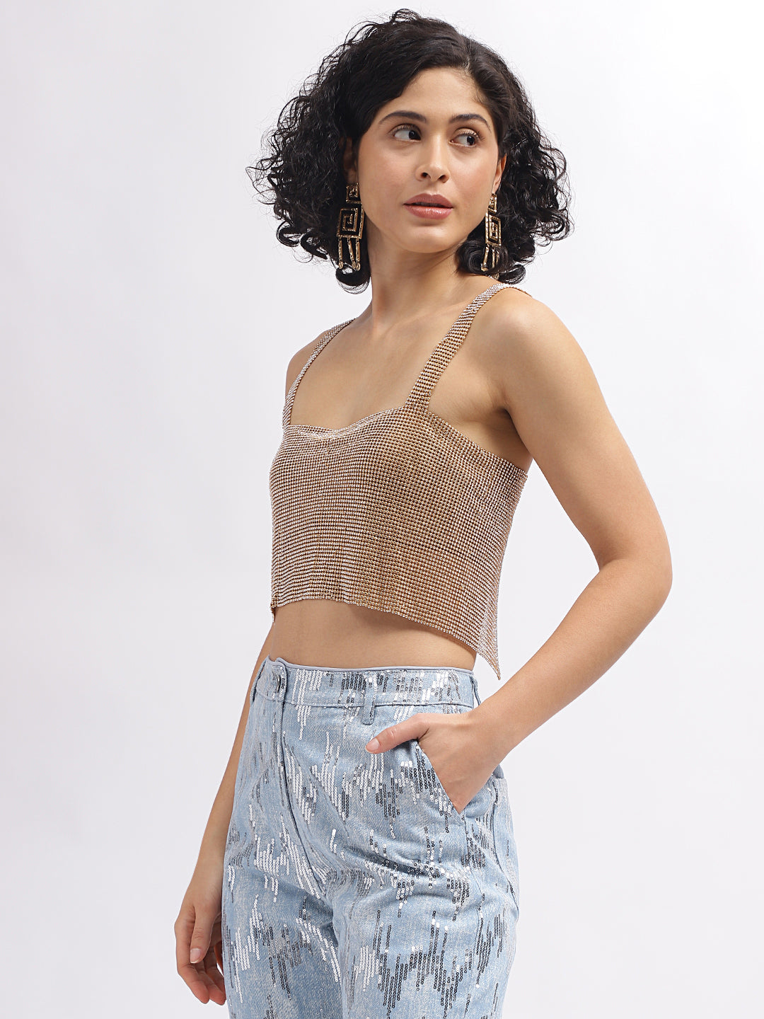 Centre Stage Women Gold Solid Square Neck Sleeveless Top