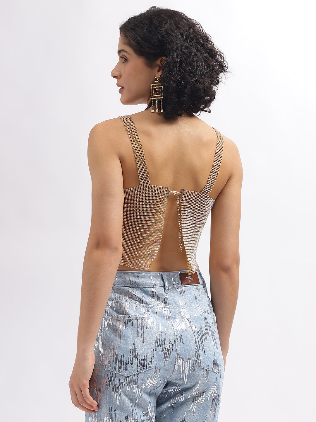 Centre Stage Women Gold Solid Square Neck Sleeveless Top