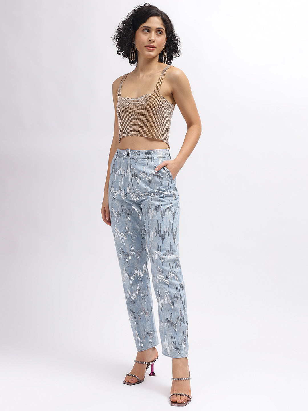 Centre Stage Women Gold Solid Square Neck Sleeveless Top