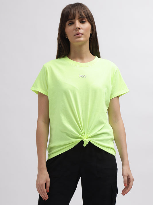 Dkny Women Green Solid Round Neck Short Sleeves T-Shirt