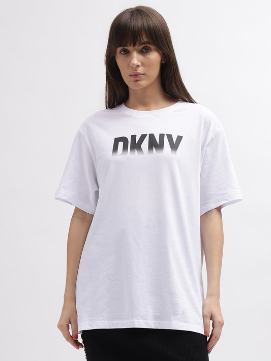 Dkny Women White Printed Round Neck Short Sleeves T-Shirt