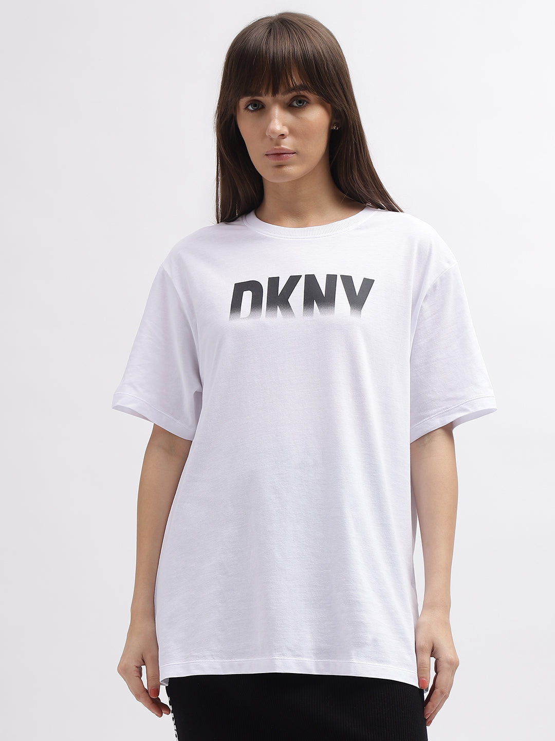 Dkny Women White Printed Round Neck Short Sleeves Tshirt
