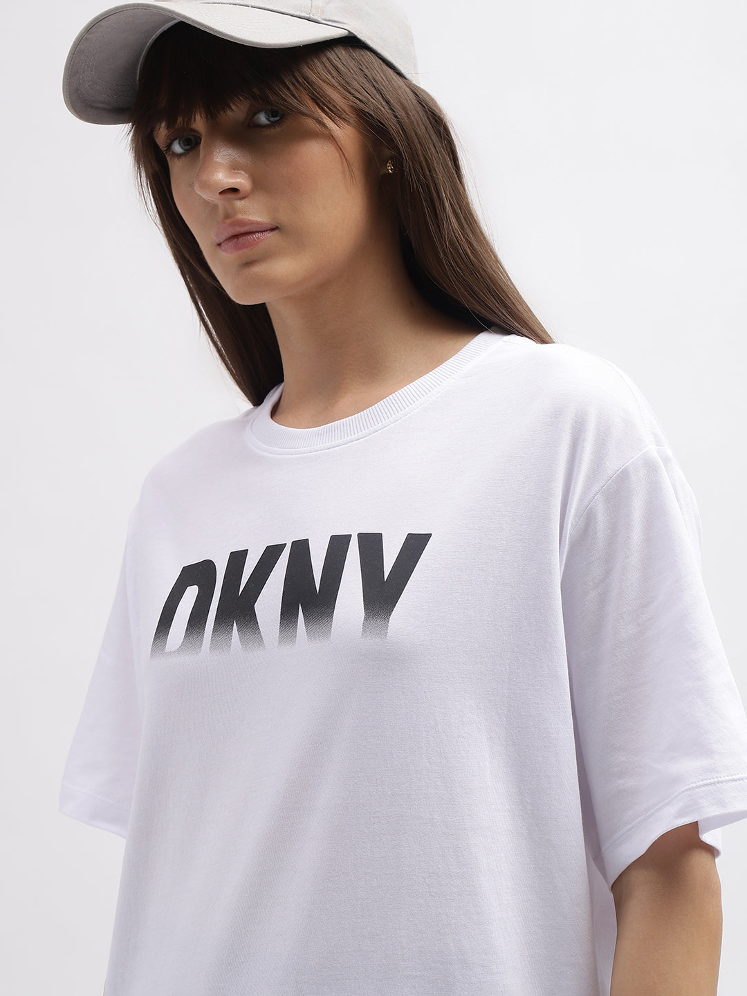 Dkny Women White Printed Round Neck Short Sleeves Tshirt