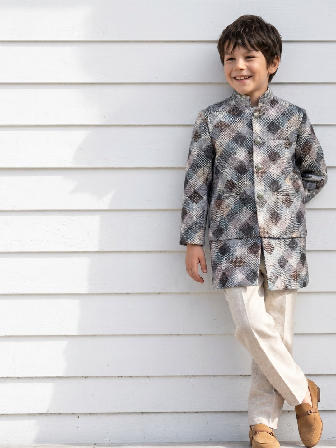 Blue Giraffe Boys Multi Printed Mandarin Collar Full Sleeves 3 Pcs Bandi Set