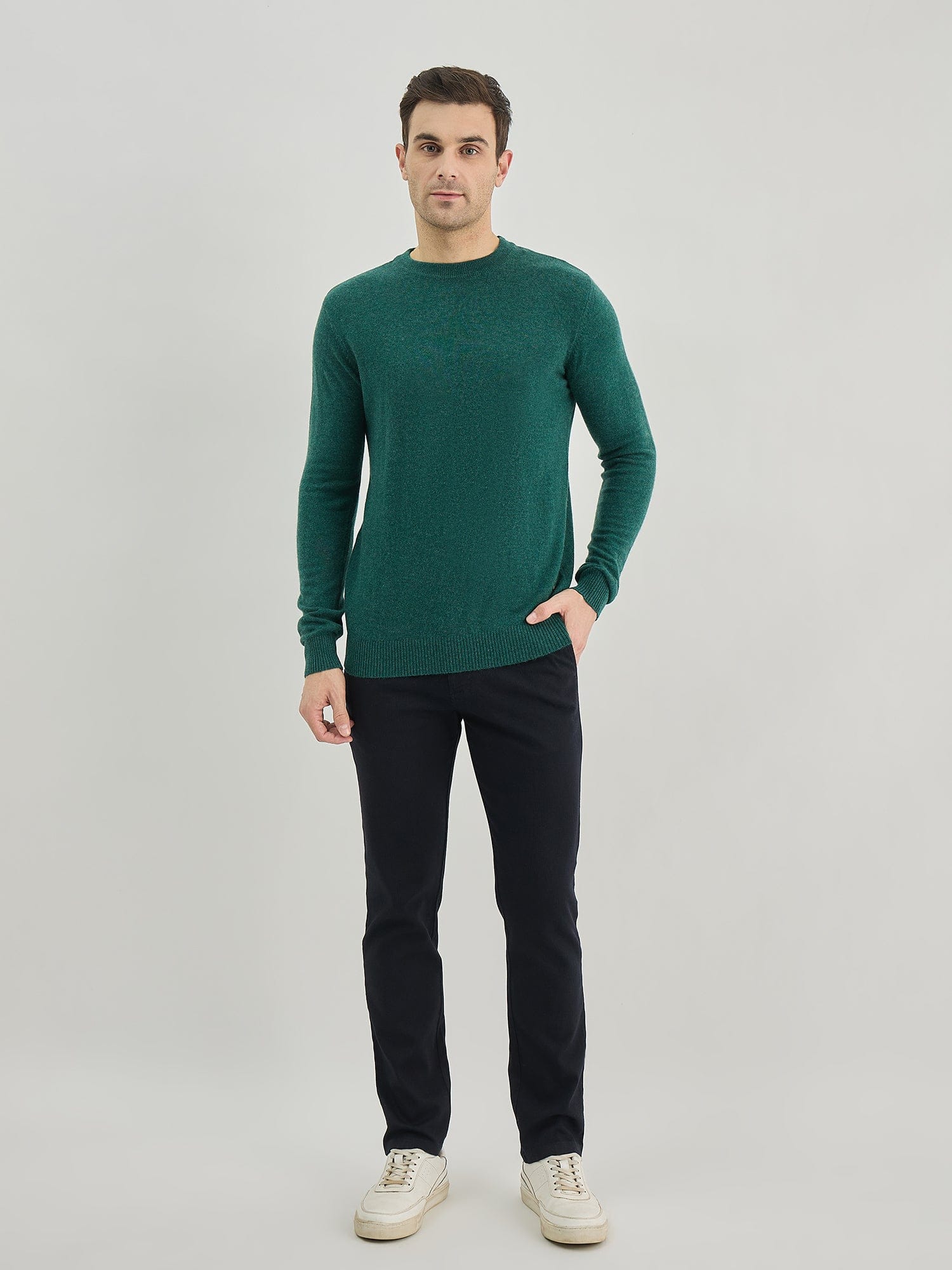 Iconic Men Green Solid Round Neck Sweater