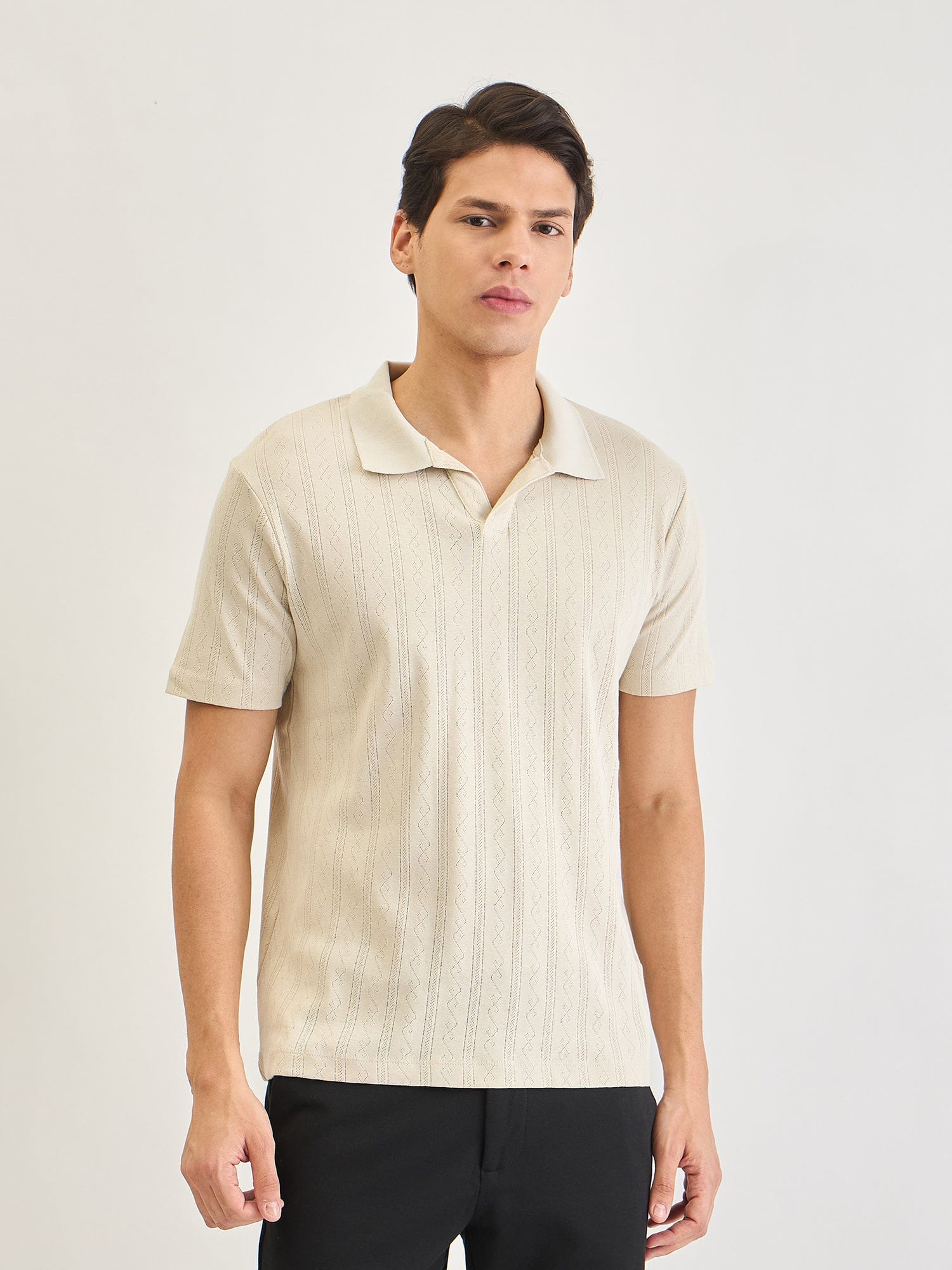 Lindbergh Men Cream Jacquard Polo Tshirt