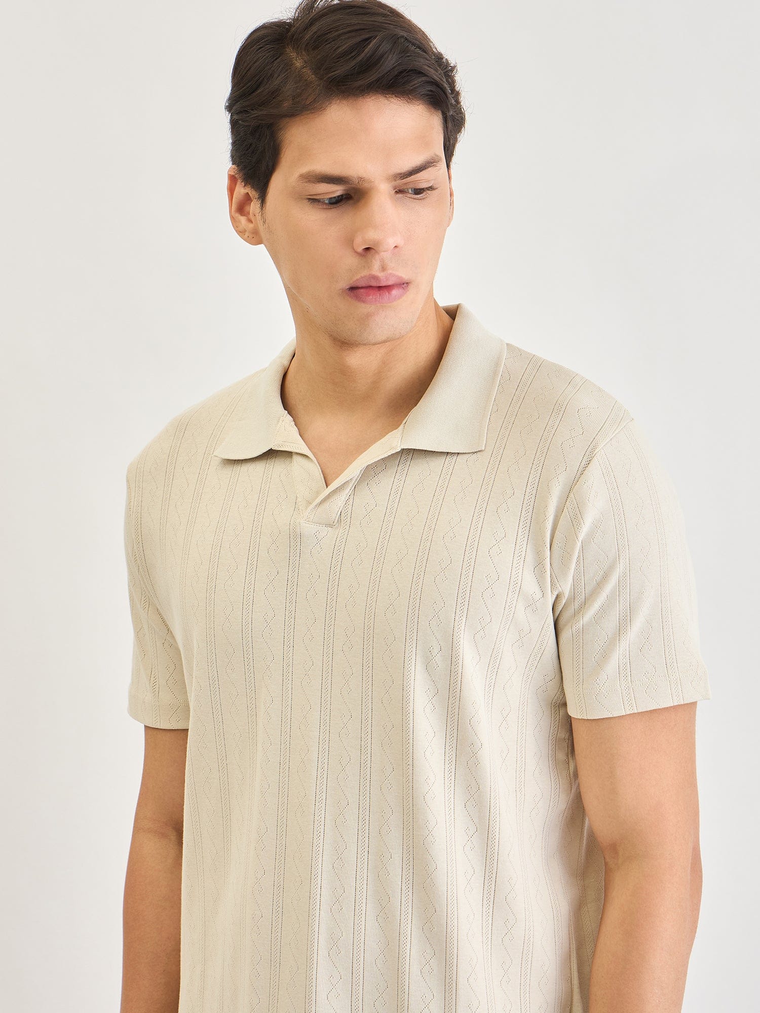 Lindbergh Men Cream Jacquard Polo Tshirt