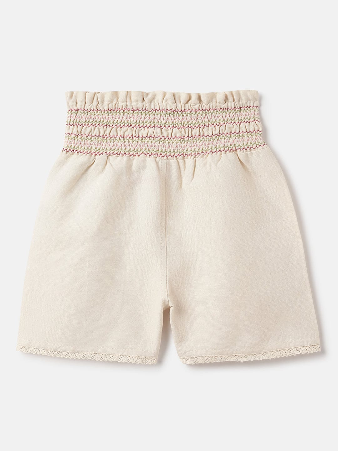 Blue Giraffe Girls Cream High Rise Regular Fit Smocked Waistband Shorts