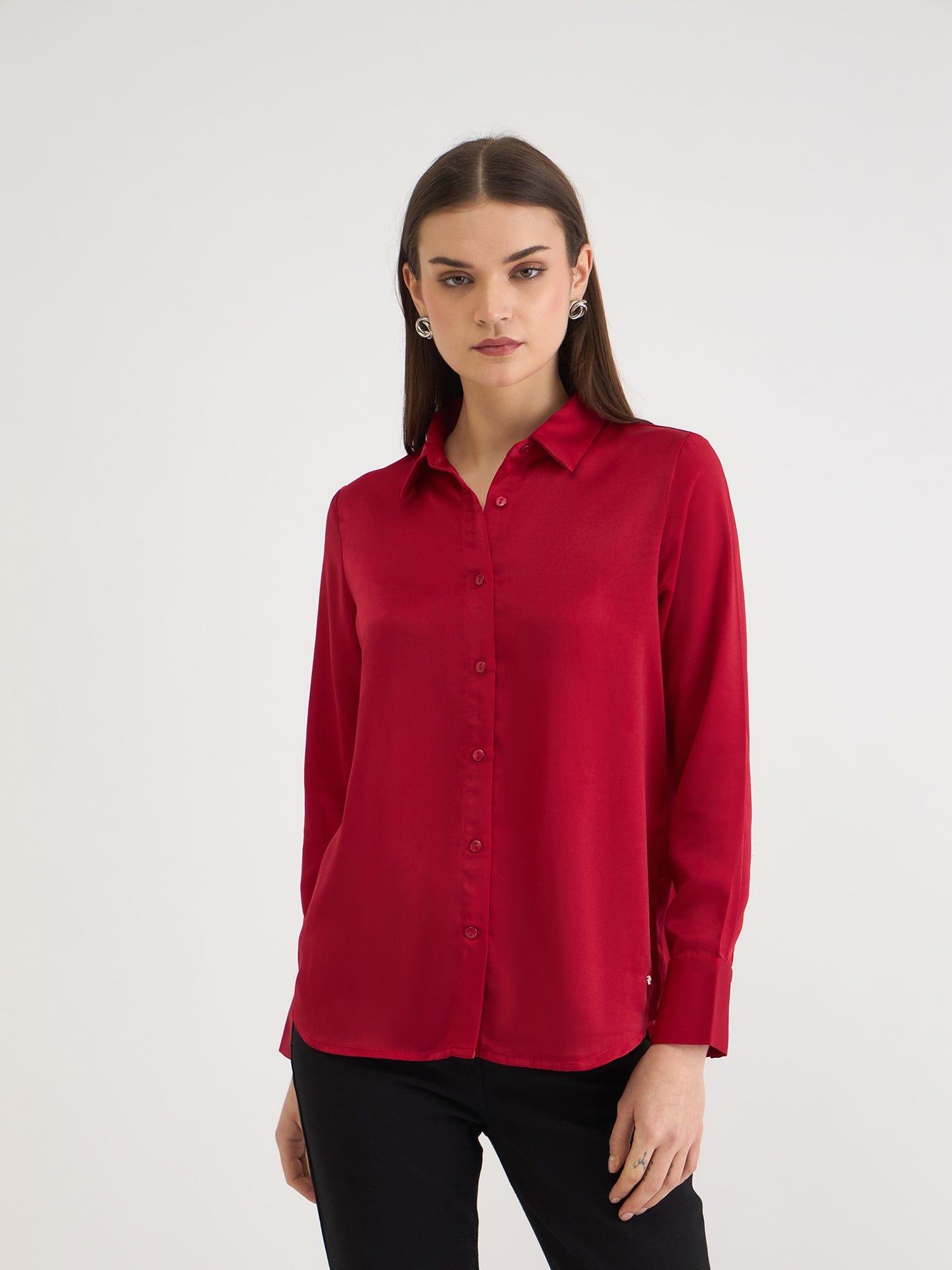 Elle Women Red Solid Collar Shirt