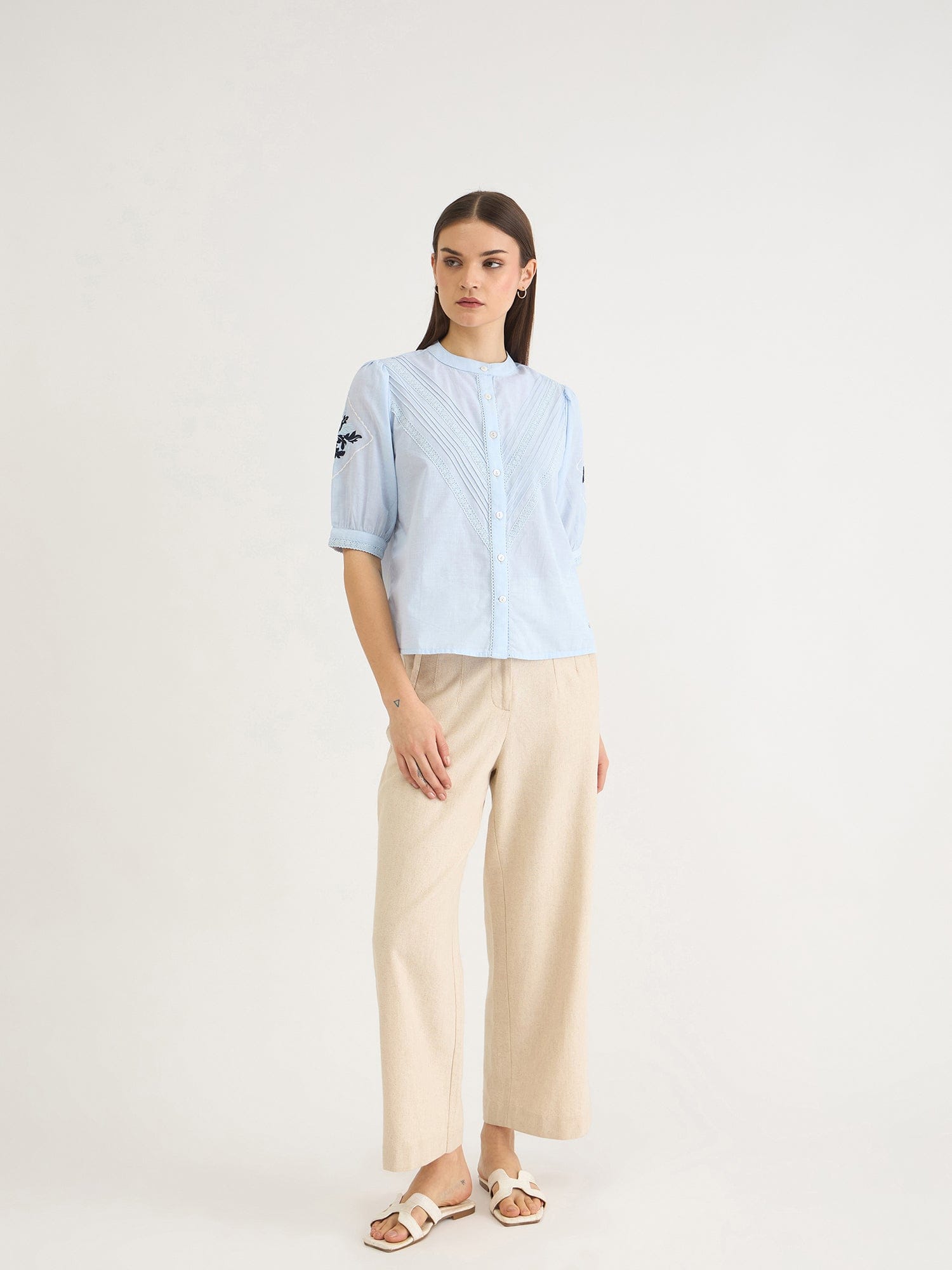 Elle Women Blue Embroidered Collar Top