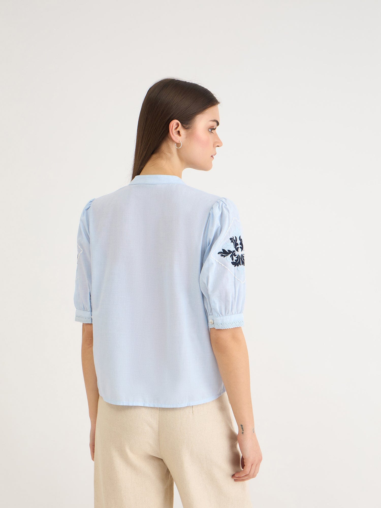 Elle Women Blue Embroidered Collar Top