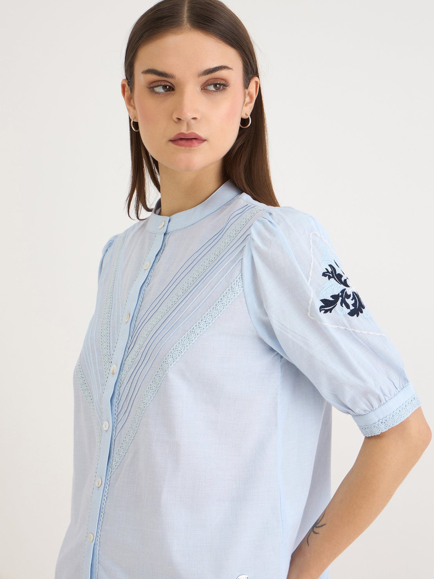 Elle Women Blue Embroidered Collar Top