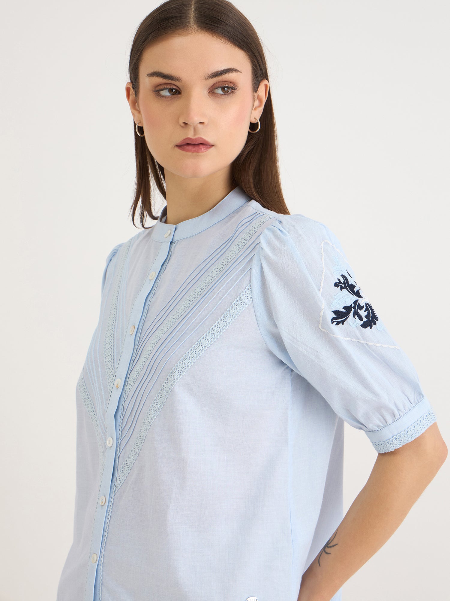 Elle Women Blue Embroidered Collar Top