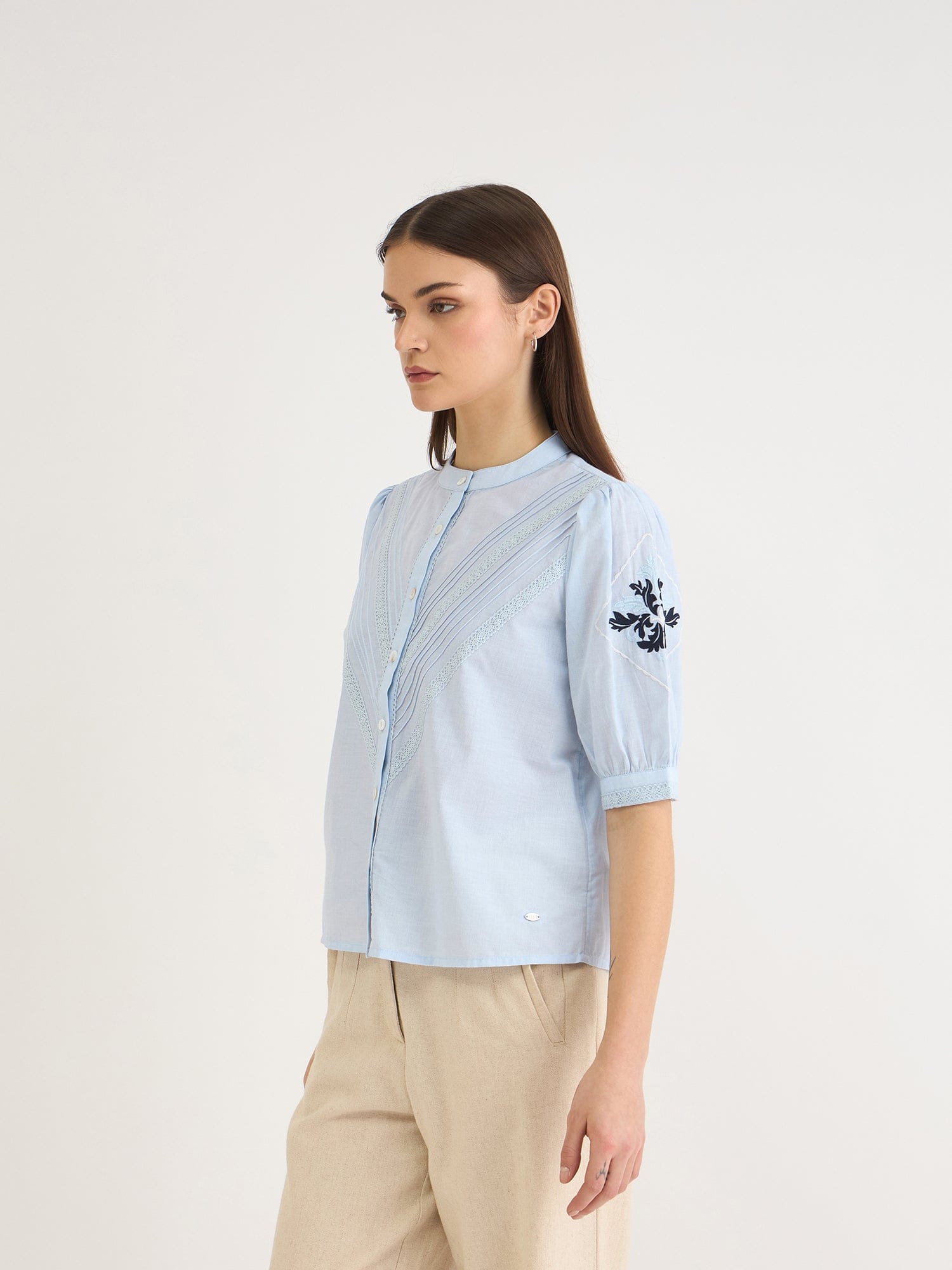 Elle Women Blue Embroidered Collar Top