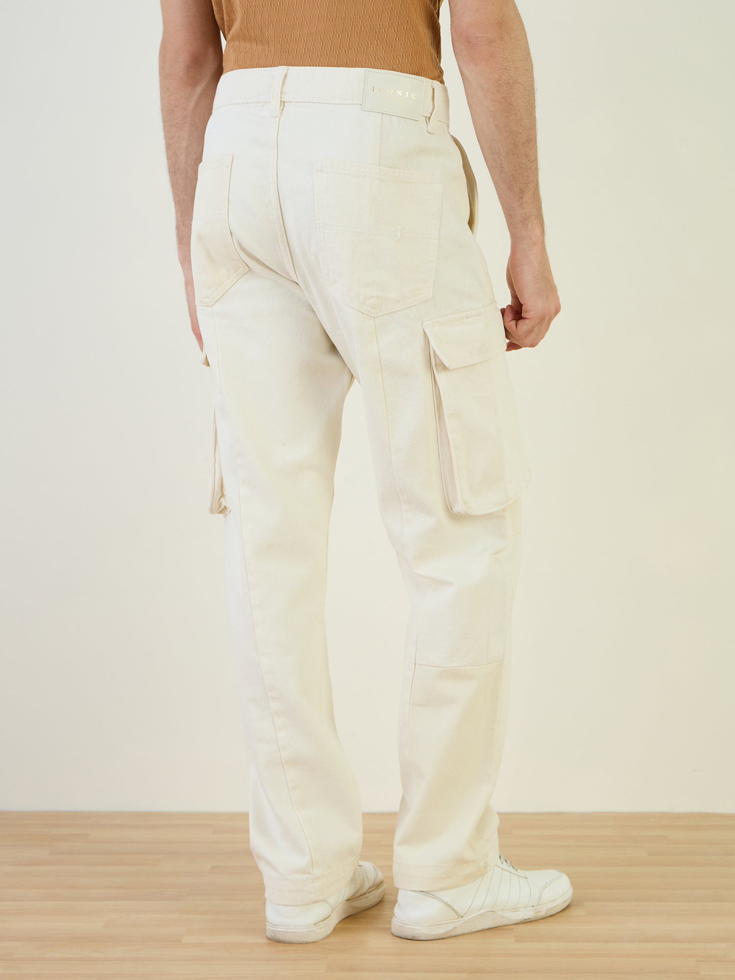 Iconic Men Beige Cargo Fit Solid Cargo Trouser