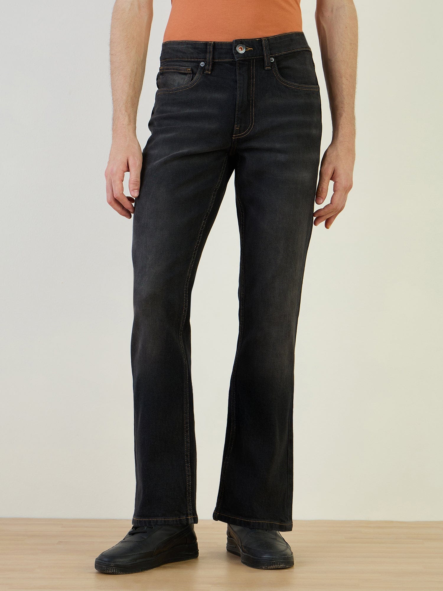 Shop Iconic Men Black Bootcut Fit Solid Jeans Online