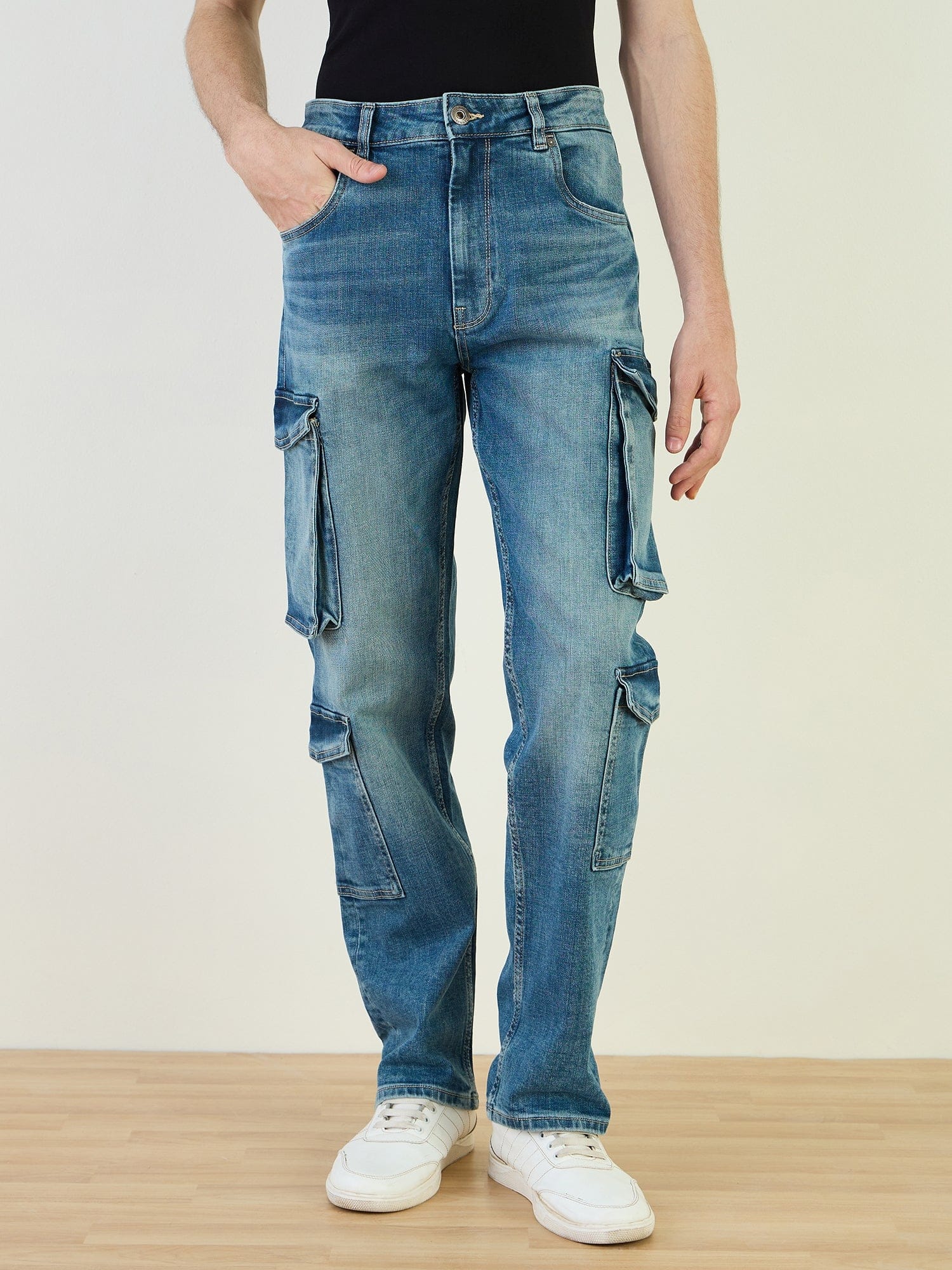 Iconic Men Blue Cargo Fit Solid Jeans