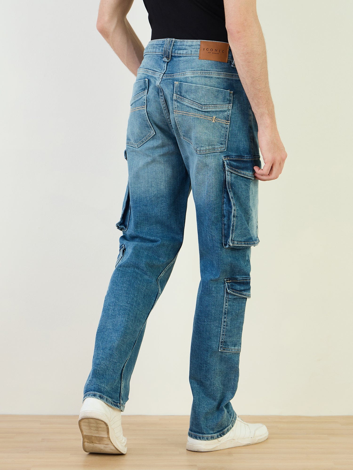 Iconic Men Blue Cargo Fit Solid Jeans