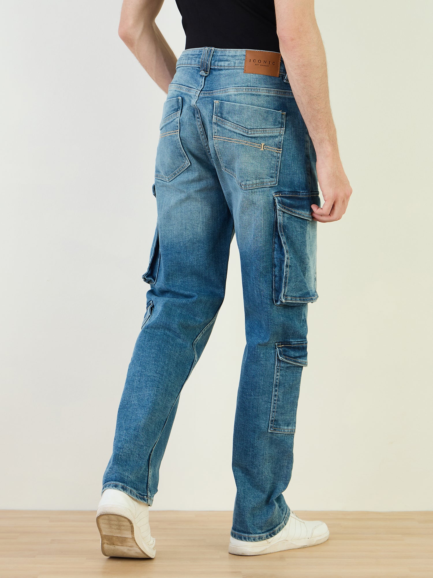 Iconic Men Blue Cargo Fit Solid Jeans