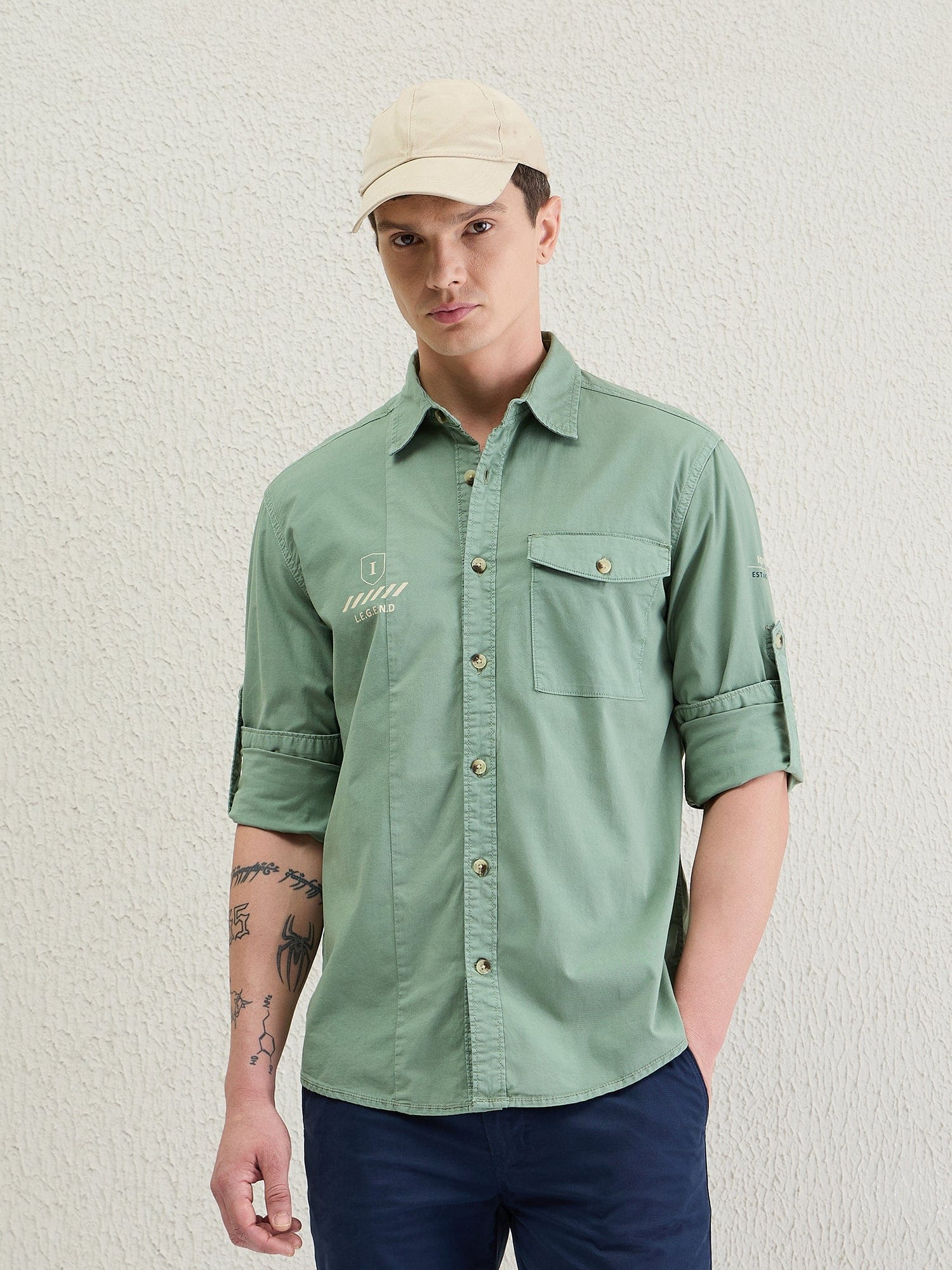 Iconic Men Green Washed Collar Shirt