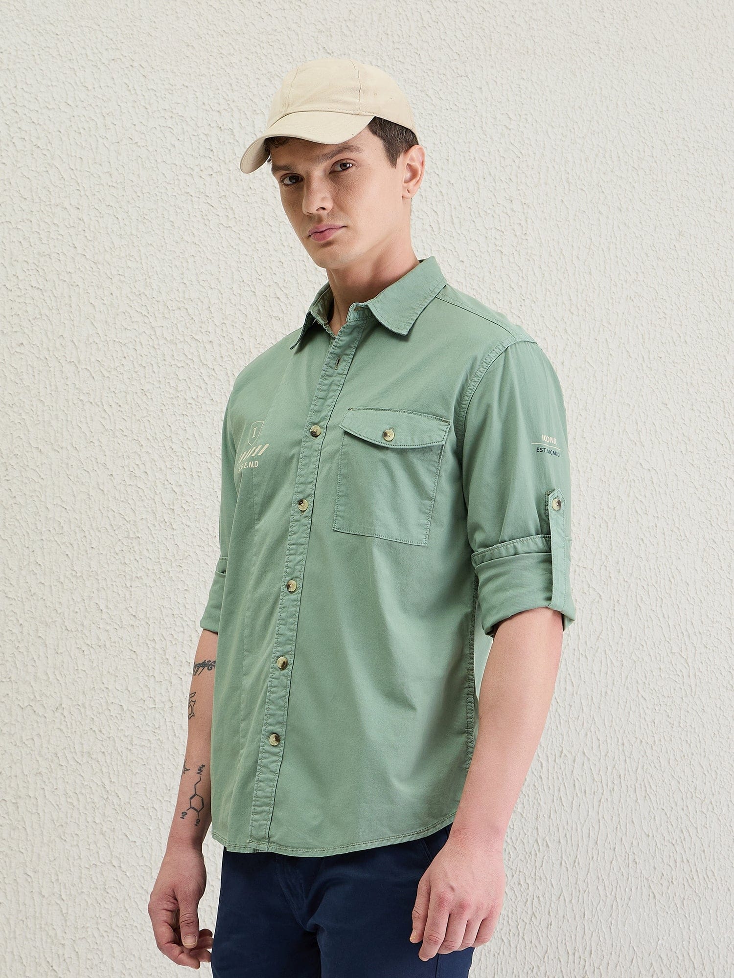 Iconic Men Green Washed Collar Shirt