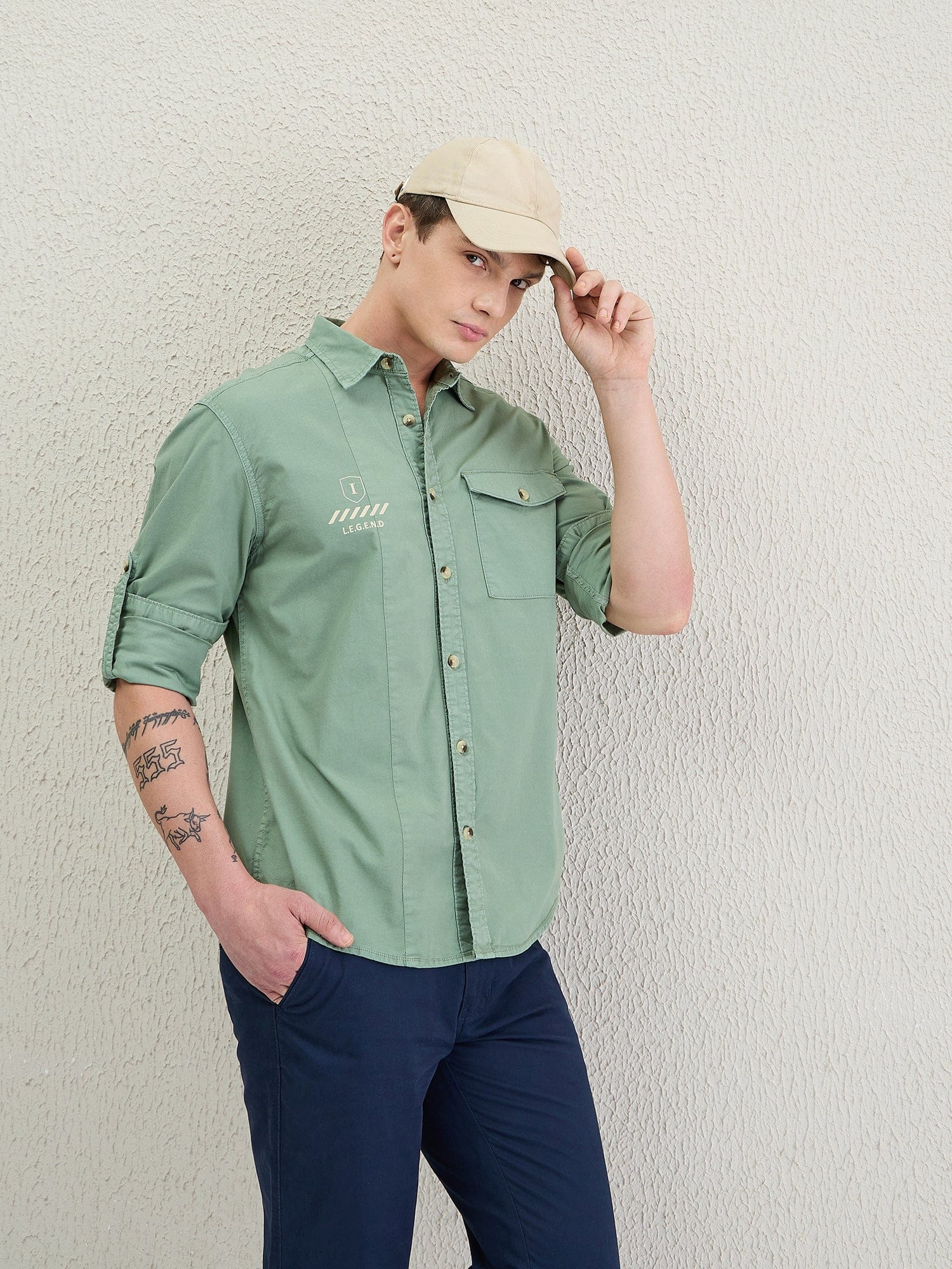 Iconic Men Green Washed Collar Shirt