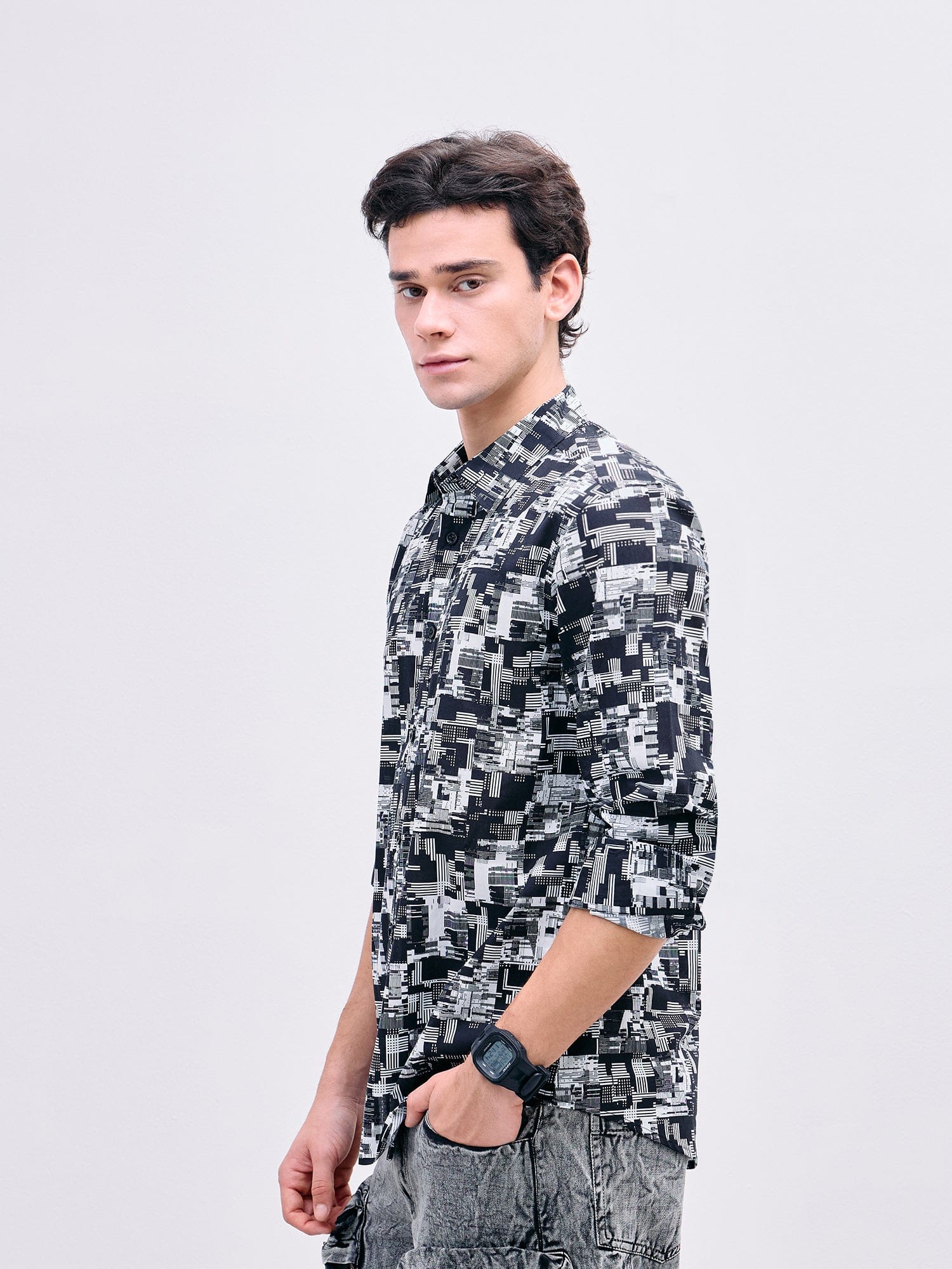 Iconic Men Black Printed Collar Shirt