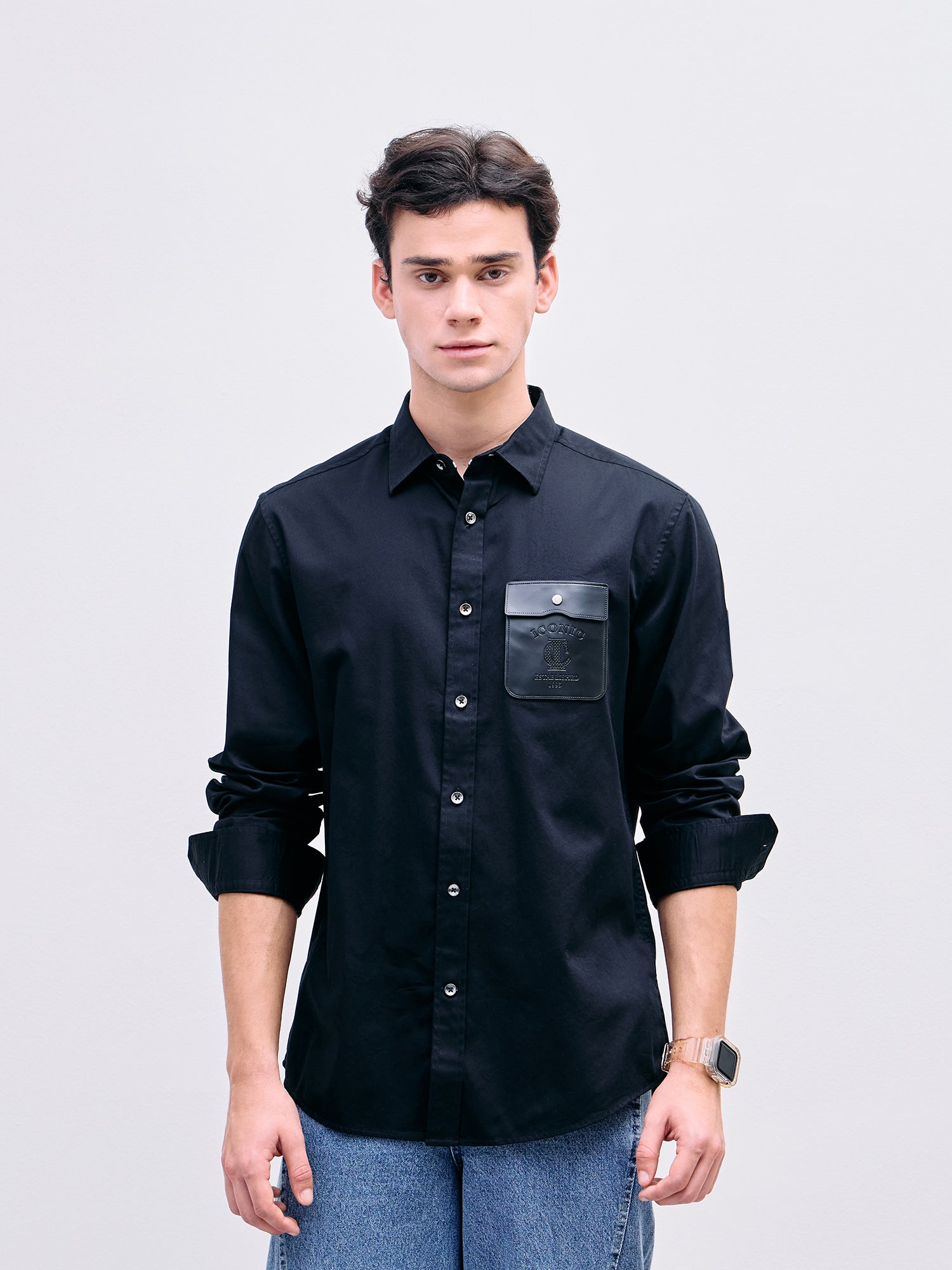 Iconic Men Black Solid Collar Shirt