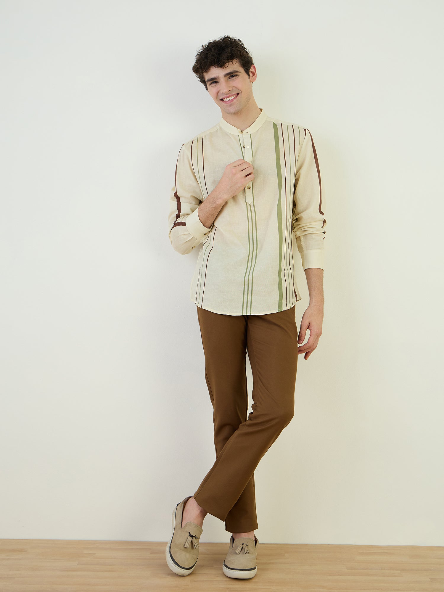 Iconic Men Beige Striped Band Collar Shirt