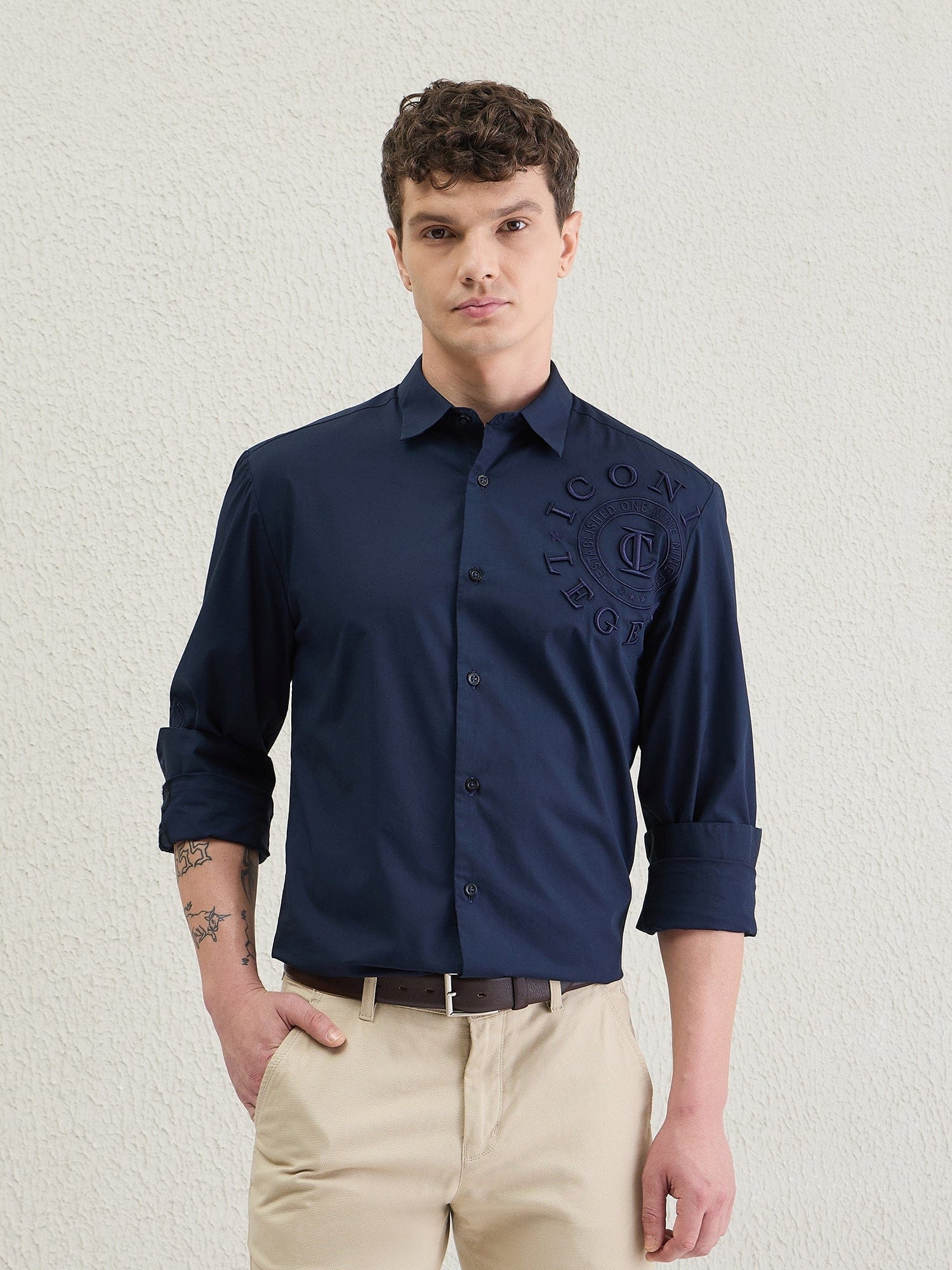 Iconic Men Blue Solid Collar Shirt