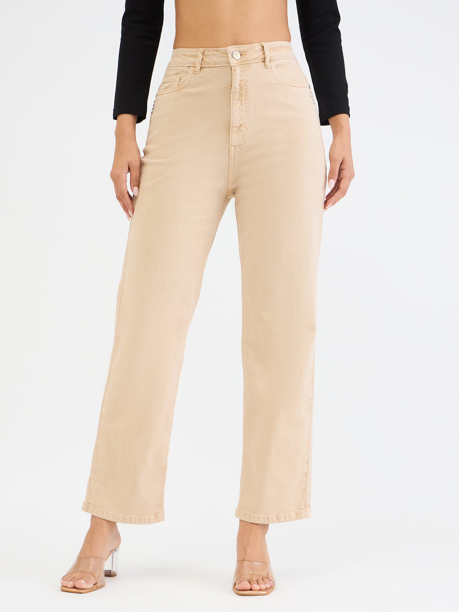 Elle Women Beige Straight Fit Solid Jeans