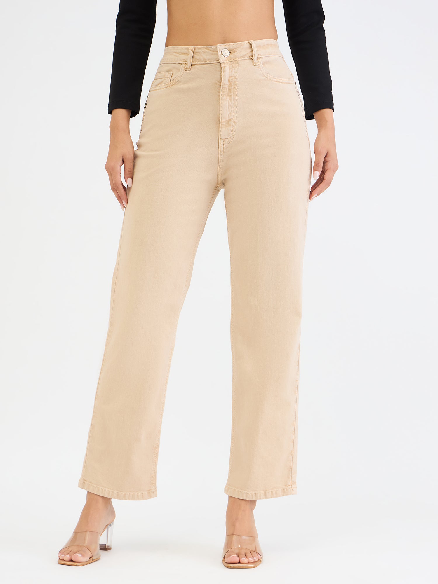 Elle Women Beige Straight Fit Solid Jeans