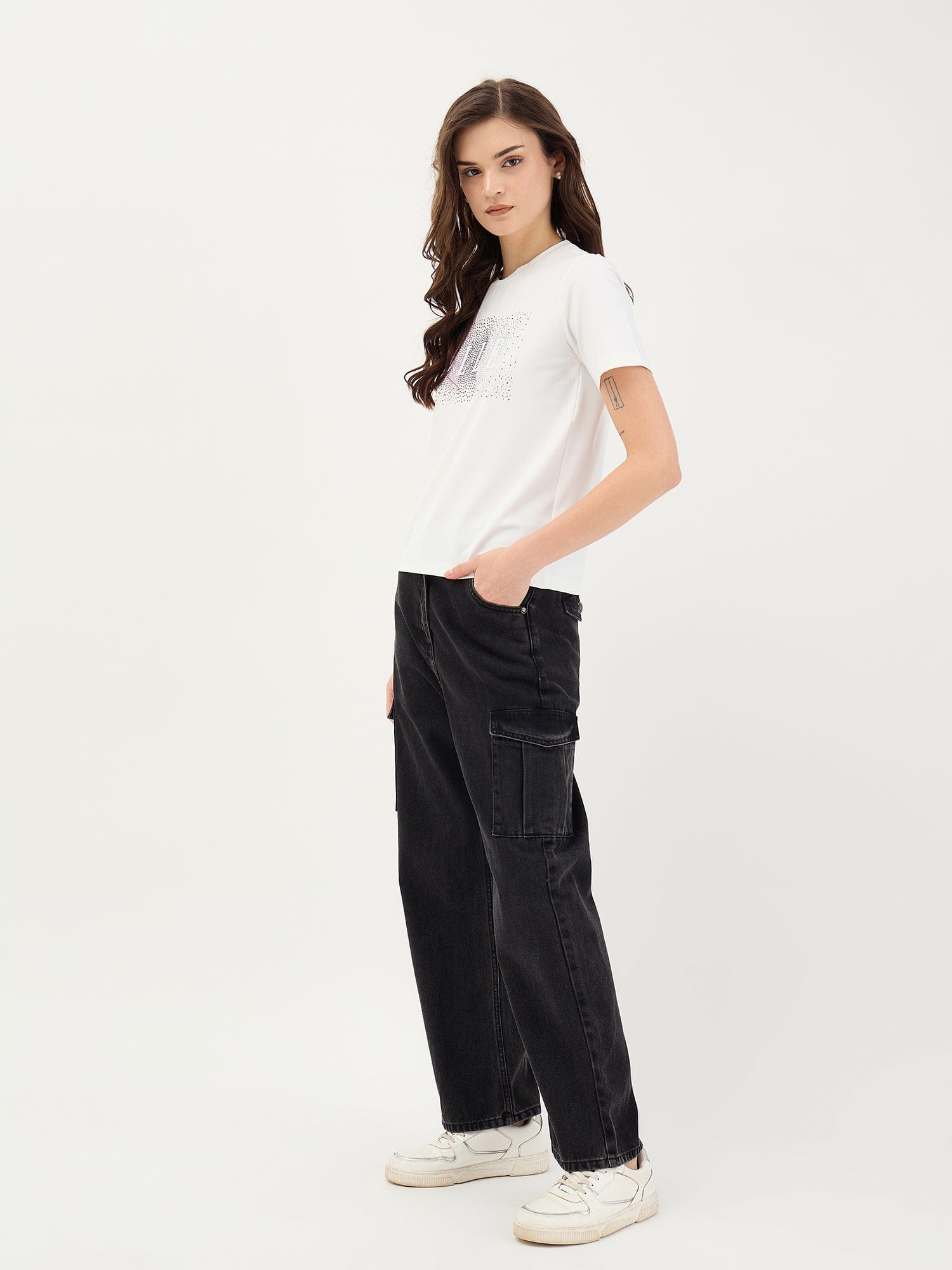 Elle Women Black Cargo Fit Solid Jeans