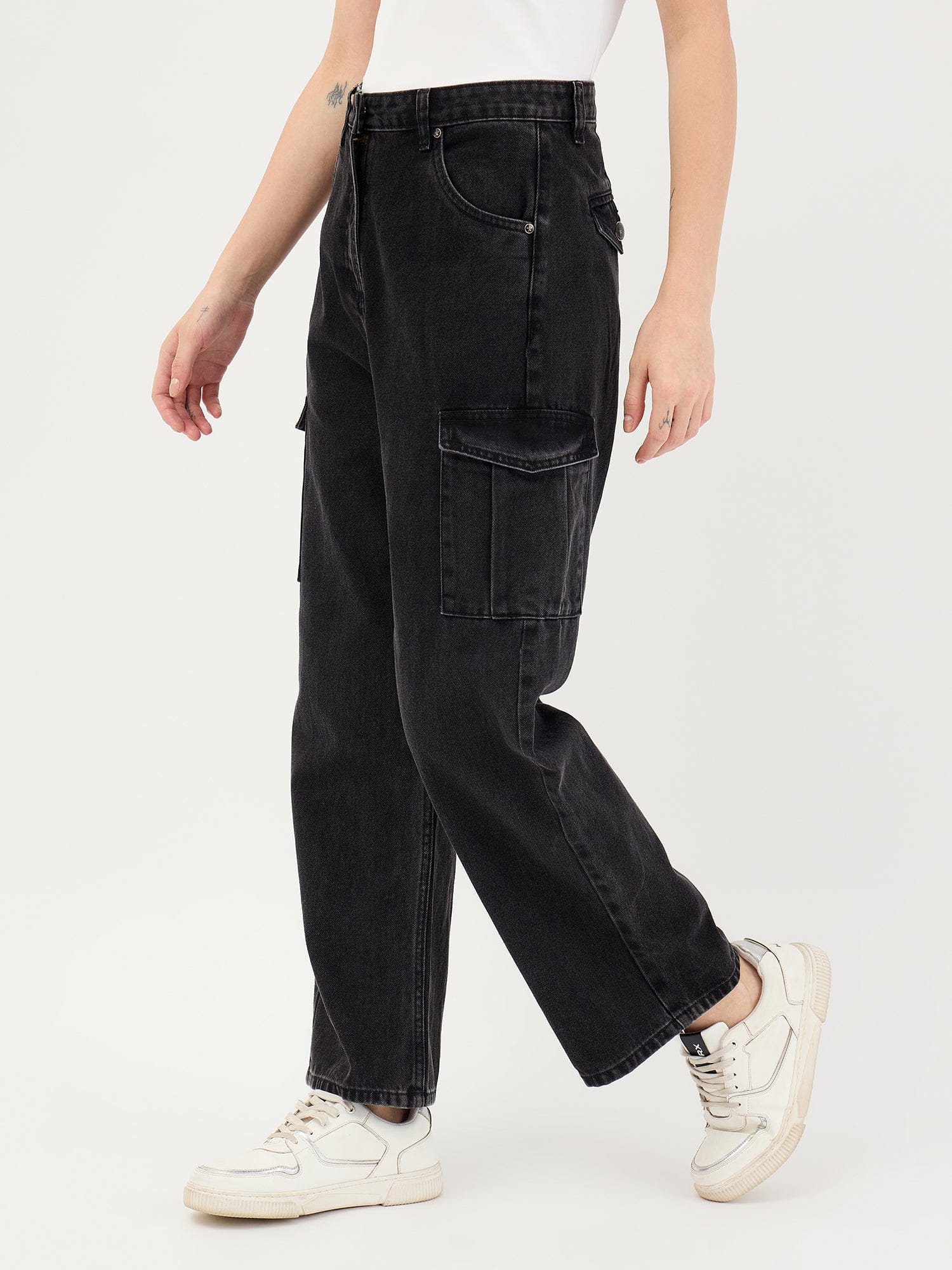 Elle Women Black Cargo Fit Solid Jeans