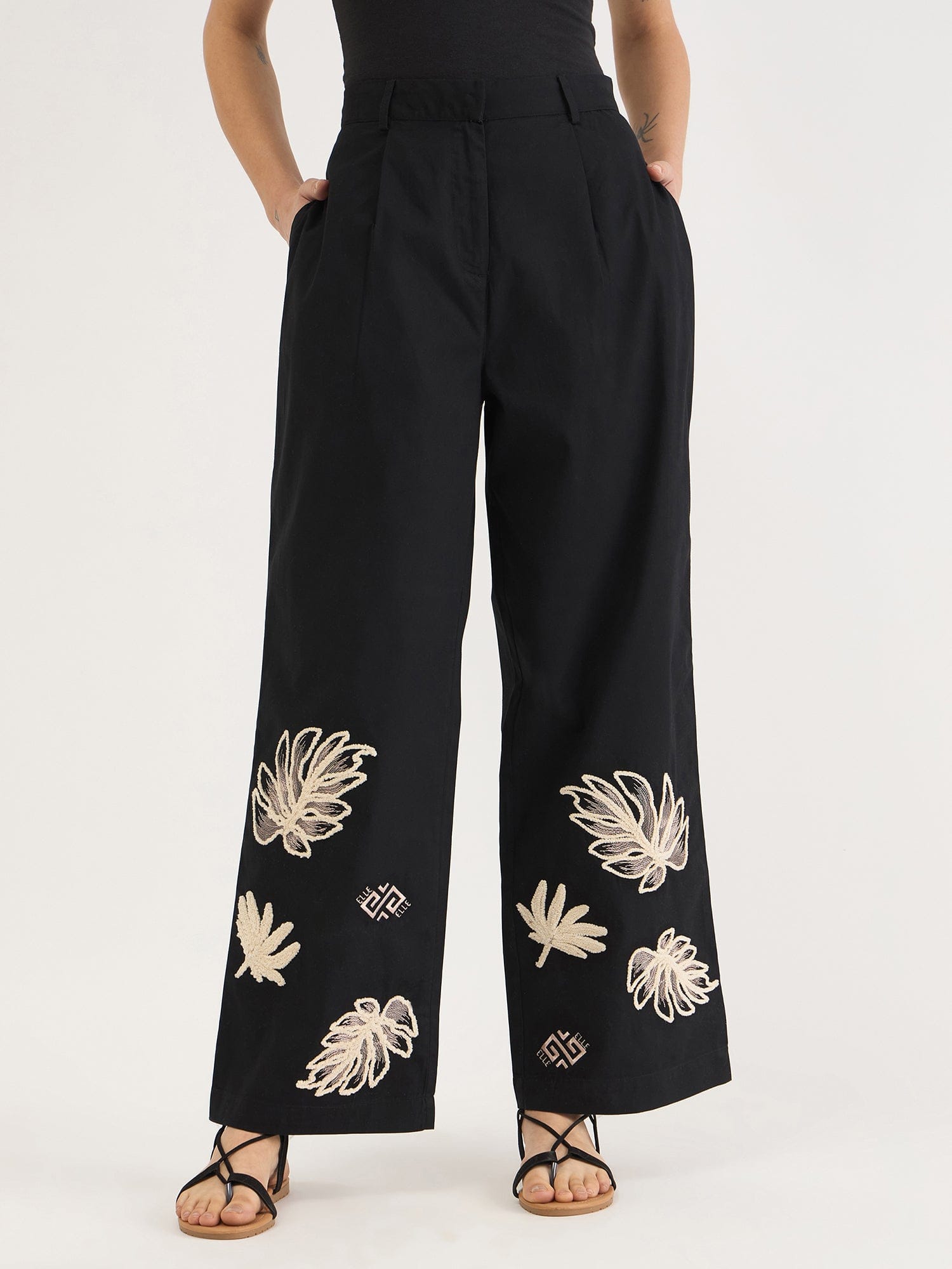 Elle Women Black Straight Fit Embroidered Trouser