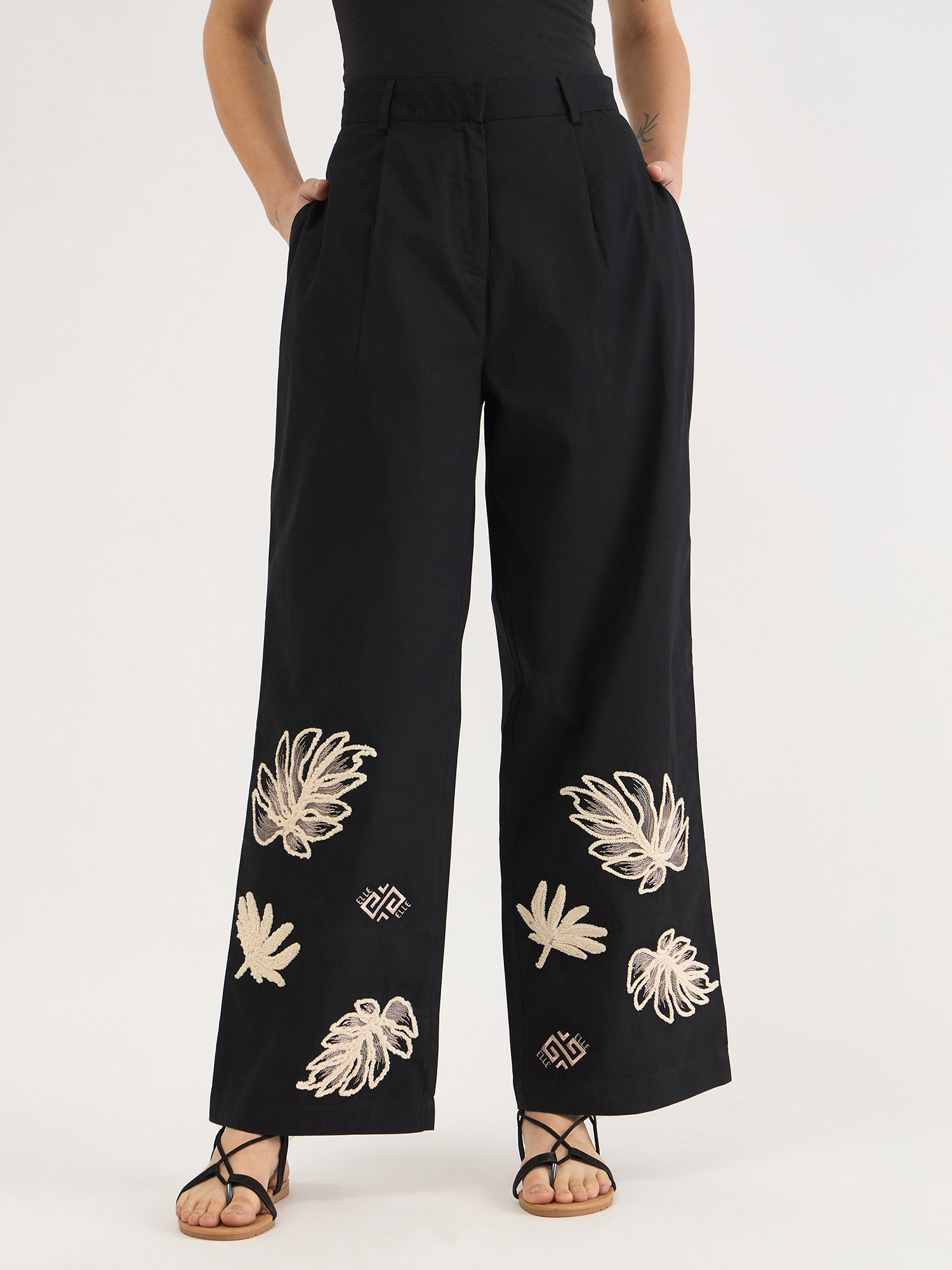 Elle Women Black Straight Fit Embroidered Trouser