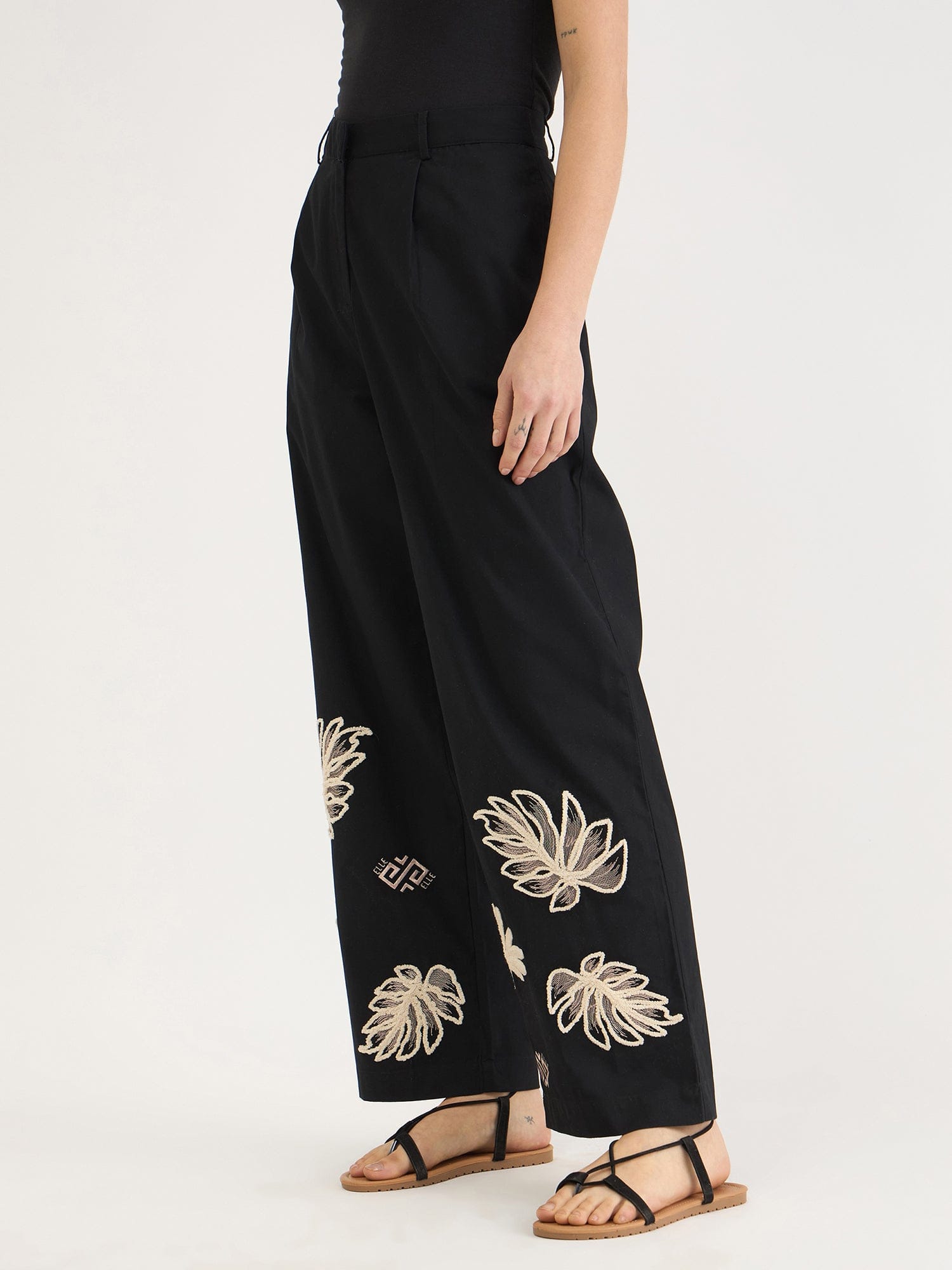 Elle Women Black Straight Fit Embroidered Trouser